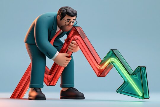 Businessman holding down red declining arrow chart economic loss crisis