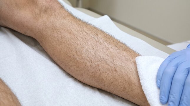 Depilation on female leg during hair removal treatment in salon