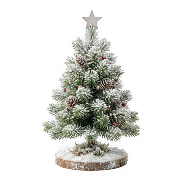 Small snowy artificial christmas tree with pinecones and berries isolated on transparent background