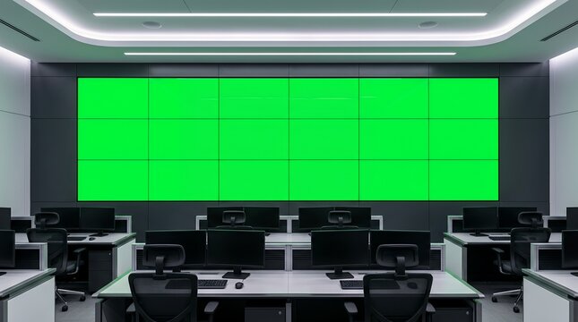 Modern control room video wall with green screen background