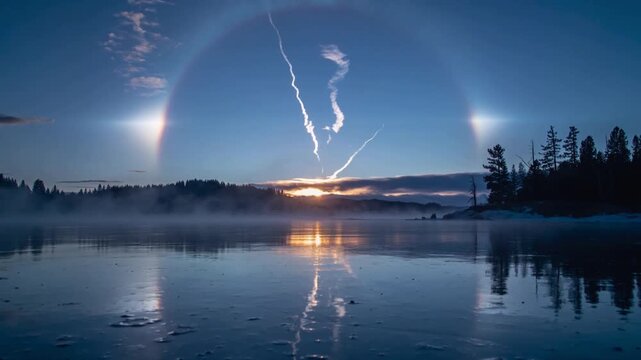 Rising sun brightening horizon forming halo and sun dogs with tall streaks, reflecting at lakeshore