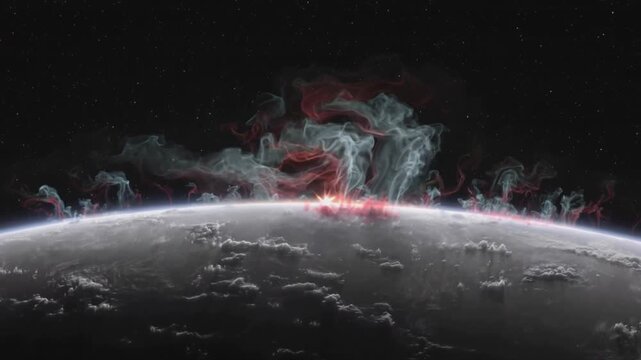 Flaring horizon light spurring teal and red plumes forming, rising along planet limb and cloud deck