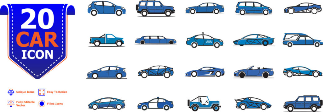20 Car Icon Set for Automotive Vector Design and Digital Download