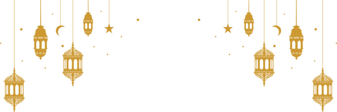 Golden hanging Islamic lanterns horizontal banner vector with crescent moon and stars