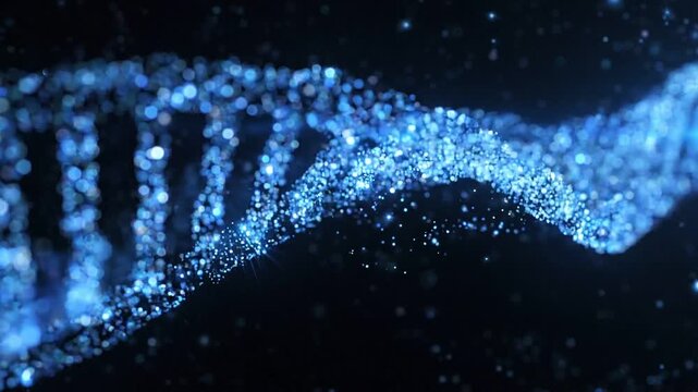 Abstract 3d render of a digital dna double helix formed by glowing blue particles and light points in a dark space