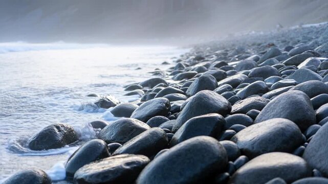 Surging incoming swell pushing wave across smooth rounded cobbles at shore, leaving sea foam