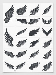 Fototapeta premium Collection of Black Wing Silhouettes and Icons for Logo Design, Tattoos, and Graphic Art Elements on White Background