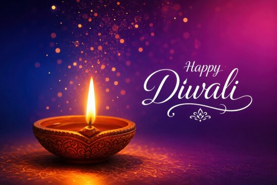 A glowing traditional clay diya lamp with a bright flame against a festive purple and blue bokeh background for diwali