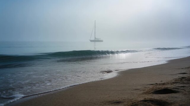 Advancing foamy wave driven by swell lapping wet sand at beach, sloop reflecting misty light