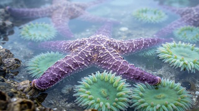 Resting purple sea star anchoring on rocky tide pool, calm tide causing mint-green anemones pulsing
