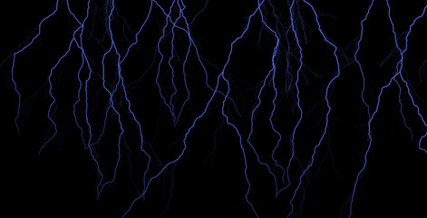 Multiple blue lightning bolts striking down on a black background © vectordesing