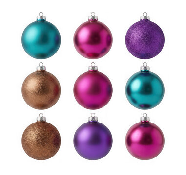 Set of nine colorful christmas baubles in teal, magenta, purple, and bronze isolated on transparent background