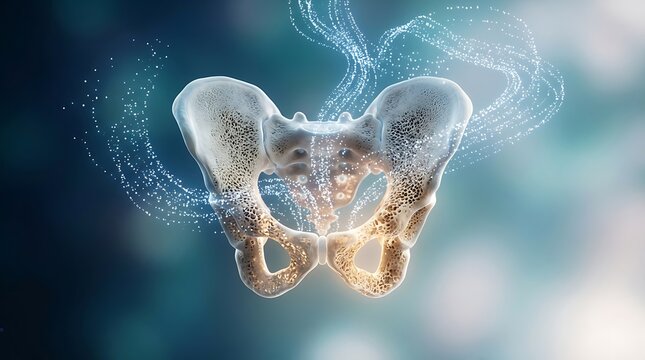 Human pelvis bone with glowing digital particle effects and light