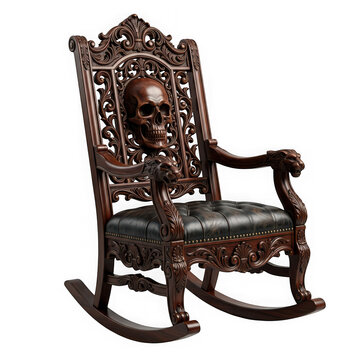 Ornate dark wood rocking chair with skull carving and lion armrests, isolated on transparent background