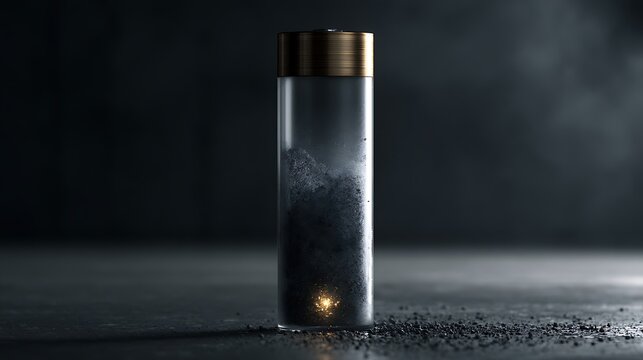 474. A conceptual metaphor for Emotional Exhaustion. A human battery depicted as a clear glass cylinder filled with dull gray ash, with only a single, tiny spark of gold lingering at the very 