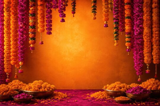 Festive background with hanging marigold flower garlands and traditional orange and purple floral decorations for indian cultural celebrations