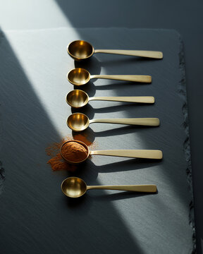A set of golden measuring spoons arranged vertically on a dark grey textured slate background