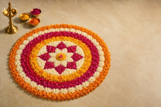 Beautiful floral rangoli design made with fresh marigold and rose petals for diwali festival celebration on a textured background