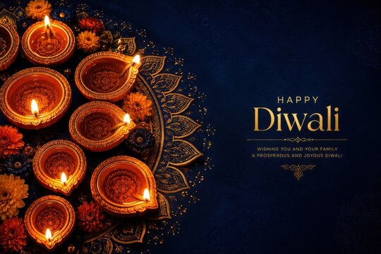 Top view of traditional clay diya lamps lit for diwali festival celebration with copy space on dark background