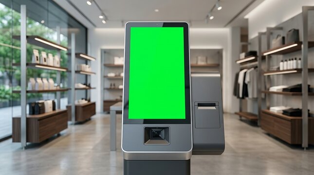 Self service kiosk with green screen in a modern clothing retail store