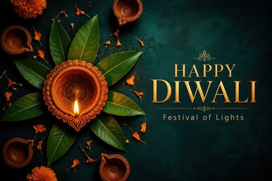 Top view of traditional clay oil lamps with green leaves on dark background for the indian festival of diwali