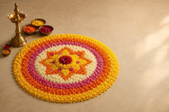 Beautiful floral rangoli design made with fresh flower petals and a traditional brass oil lamp for diwali festival celebration