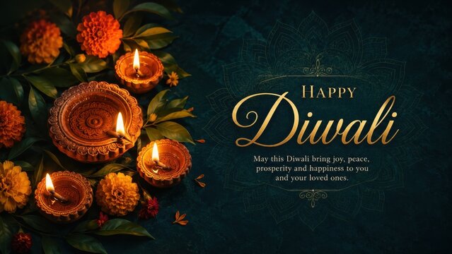 Elegant happy diwali greeting card design with glowing oil lamps and marigold flowers on a dark green background