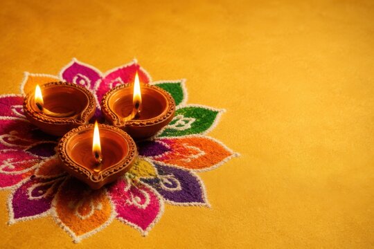 Three glowing clay diya oil lamps placed on a colorful floral rangoli pattern for the hindu festival of diwali