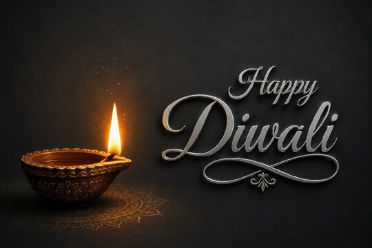 A traditional clay diya lamp with a bright flame glowing against a dark background for the indian festival diwali