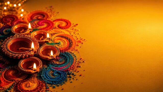 Traditional clay oil lamps lit for diwali festival celebration with colorful rangoli patterns on a warm golden background