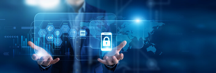 Mobile security analyst holding in hands encrypted devices. Threat intelligence expert using virtual screen monitoring cellular malware strains and biometric access logs. Device safety. © FutureLogic Studio