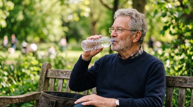 Elderly man with glasses drinking water from a plastic bottle while sitting on a park bench surrounded by greenery