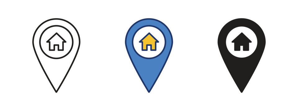 Home location pin vector icon set in outline, filled color, and silhouette styles for map navigation and real estate app UI design