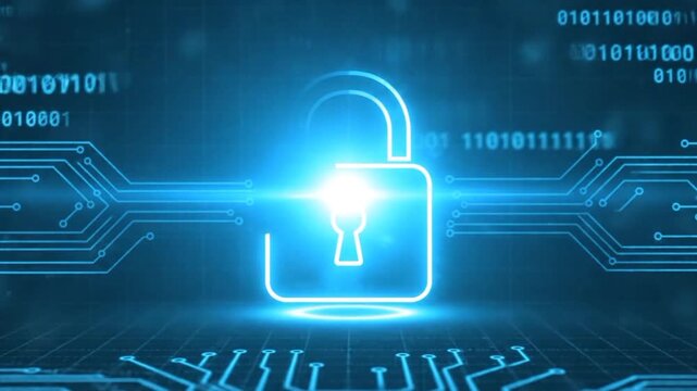 Digital Lock Formation Cyber Security Motion Graphic Animation with Glowing Cyan Particles
