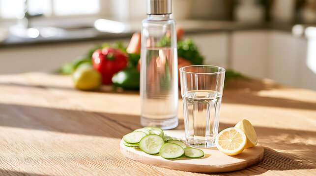 A glass of clean water with fresh cucumber and lemon slices on a wooden kitchen table, accompanied by a glass bottle and colorful vegeta