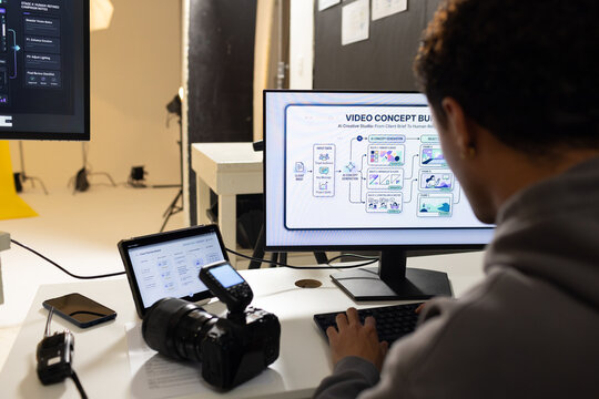 African American man sitting in studio working on monitor with DSLR camera, copy space
