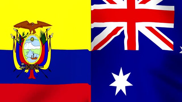 A close up view of the waving national flags of Ecuador and Australia joined together