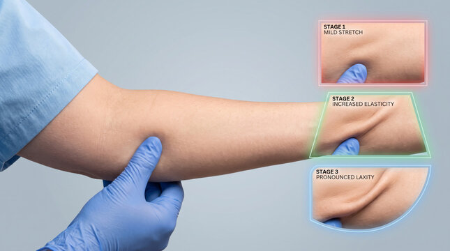 Ehlers Danlos syndrome skin hyperextensibility, medical concept showing elastic skin stretching during clinical examination for diagnosis