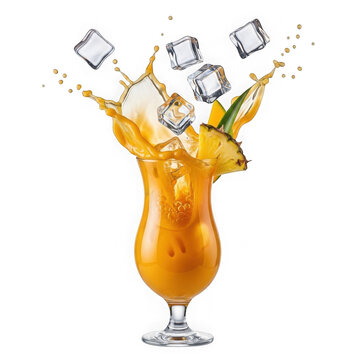 Tropical orange cocktail splash with ice cubes and pineapple slice in glass