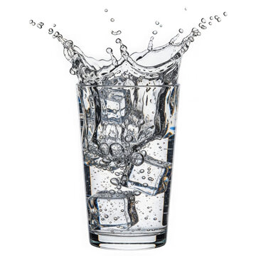 Glass of water with ice cubes and dynamic splash isolated on white background
