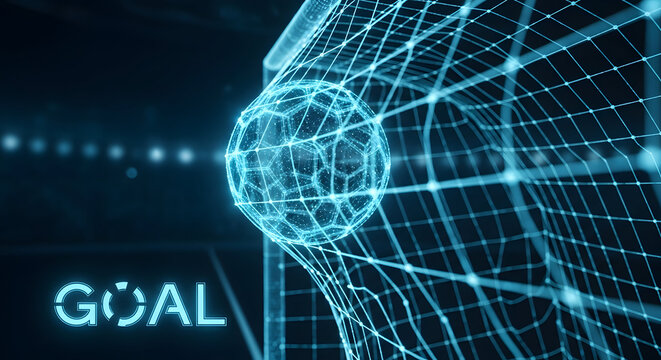 Glowing digital wireframe soccer ball hitting the net in a futuristic glowing stadium
