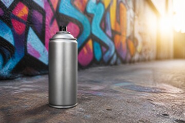 Naklejka premium Spray paint can standing before graffiti wall on urban ground