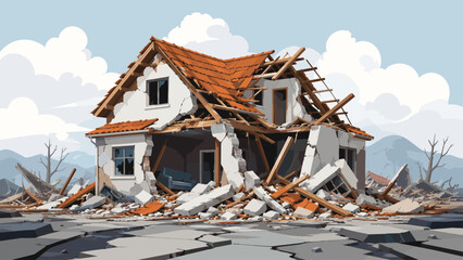 Fototapeta premium Devastated house with collapsed roof and scattered debris after natural disaster