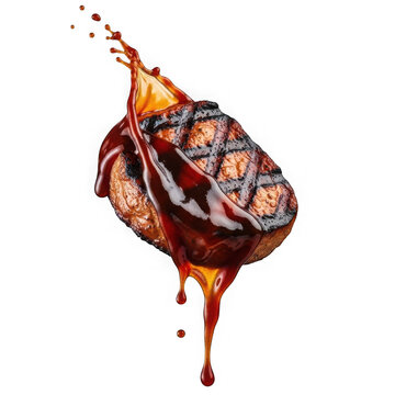 Grilled beef steak with barbecue sauce splash isolated on white background