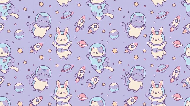 Kawaii seamless pattern featuring cute cat and bunny astronauts floating with tiny stars, planets, and rockets, pastel purple and blue, repeating pattern tile, adorable flat vector design --tile