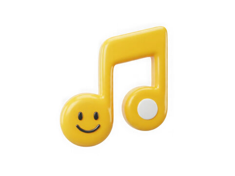 Yellow musical note icon with a happy smiley face isolated on white background