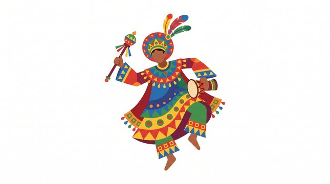 Vibrant flat illustration of a traditional Brazilian Maracatu dancer in a colorful costume with scepter and drum isolated on white