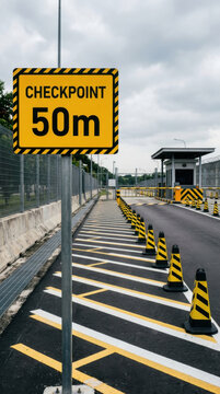 Checkpoint Ahead Safety Warning Signage 50 Meters Distance Marker With Traffic Cones And Barriers