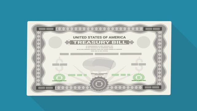 Animated United States Treasury Bill bond certificate appearing on screen, representing government debt, secure investment, and financial yield.