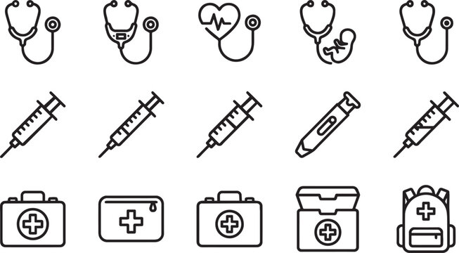 A collection of hand drawn medical icons depicting essential healthcare tools and emergency first aid supplies for various applications